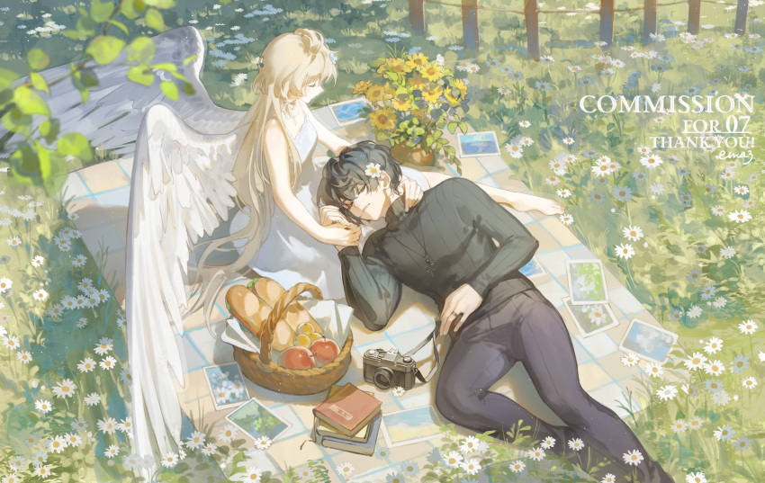 1boy, 1girl, absurdres, angel, angel_wings, apple, basket, black_hair