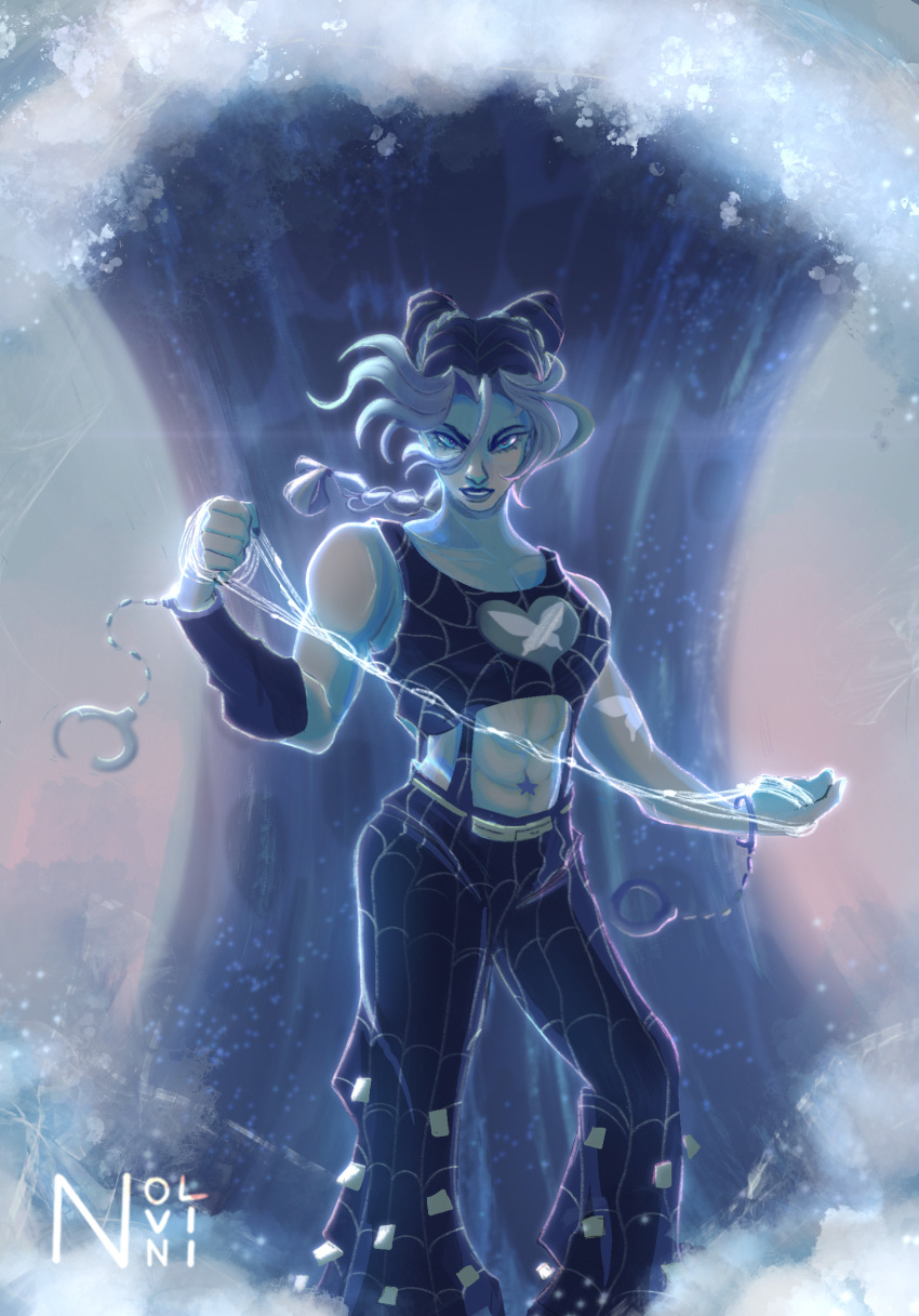 1girl, asymmetrical_bangs, black_hair, blue_eyes, blue_theme, braid, cone_hair_bun, cuffs, double_bun, hair_bun, handcuffs, heart_on_chest, highres, jojo_no_kimyou_na_bouken, kujo_jolyne, makeup, midriff, multicolored_hair, nolvini, single_braid, solo, spider_web_print, stone_ocean, string, tattoo, two-tone_hair, waves, wristband