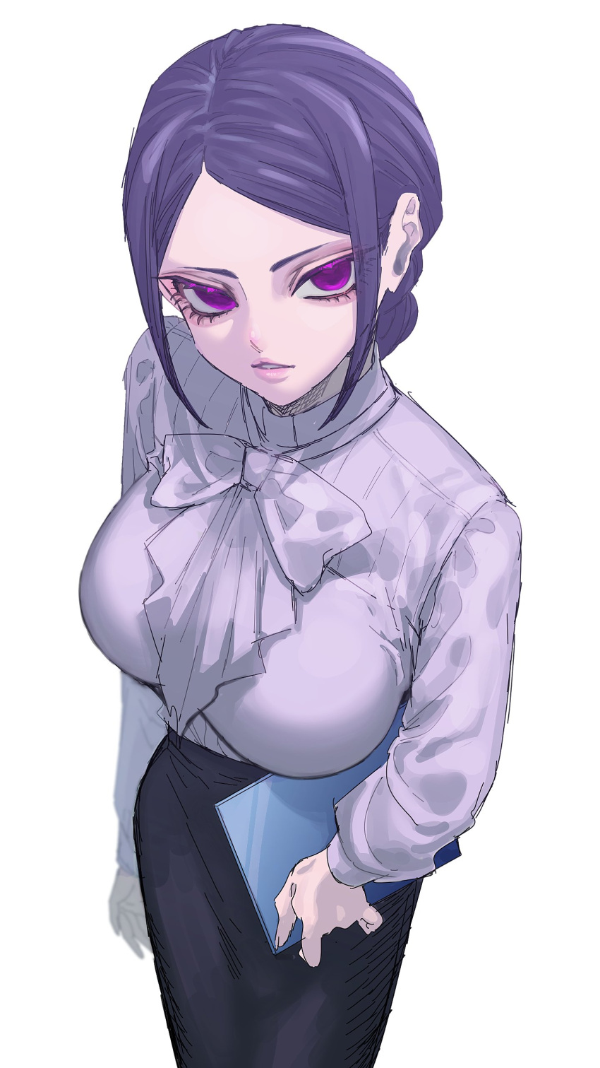 1girl, absurdres, arm_at_side, black_hair, black_skirt, bow, bowtie, breasts