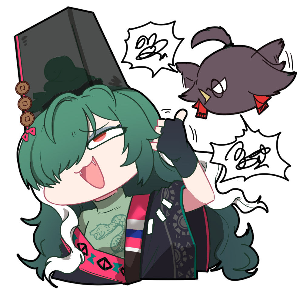 1girl, angry, artist_request, bird, black_hat, black_robe, chibi, chibi_only, chinese_commentary, ear_picking, fangs, girls'_frontline_neural_cloud, girls_frontline, green_hair, green_shirt, hair_over_one_eye, hat, monocle, nora_(neural_cloud), official_art, open_mouth, red_eyes, robe, second-party_source, shirt, shouting, smug, spoken_squiggle, squiggle, taoism, white_hair, zangyin_(neural_cloud)