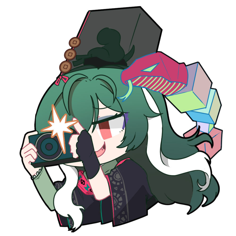 1girl, artist_request, black_hat, black_robe, camera_flash, chibi, chibi_only, chinese_commentary