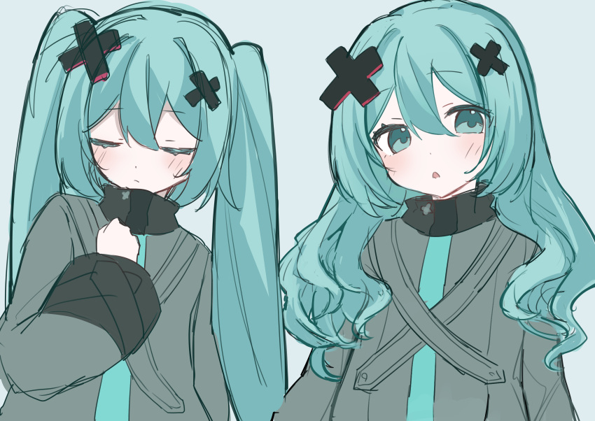 1girl, absurdres, alternate_hairstyle, aqua_eyes, aqua_hair, blush, closed_eyes, closed_mouth, frown, grey_background, grey_jacket, hair_ornament, hand_up, hatsune_miku, highres, jacket, kowareta_sekai_to_utaenai_miku, long_hair, long_sleeves, multiple_views, parted_lips, project_sekai, simple_background, twintails, upper_body, utaenai_miku, vocaloid, wavy_hair, wide_sleeves, x_hair_ornament, yukia_1128