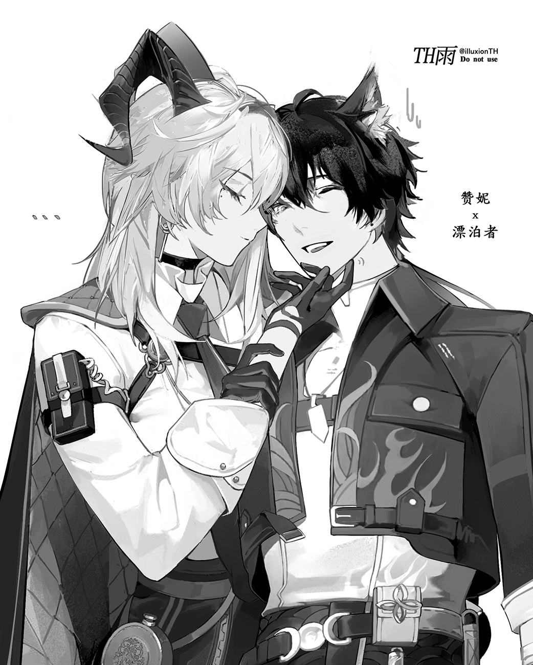 1boy, 1girl, arm_pouch, chest_harness, choker, closed_eyes, collared_jacket, commentary, curled_horns, earrings, gloves, greyscale, harness, hashtag-only_commentary, highres, horns, illuxionth, jacket, jacket_on_shoulders, jewelry, kemonomimi_mode, key_earrings, long_hair, male_rover_(wuthering_waves), mole, mole_under_eye, monochrome, necktie, one_eye_closed, open_clothes, open_jacket, rover_(wuthering_waves), scratching_chin, shirt, short_hair, smile, wuthering_waves, zani_(wuthering_waves)