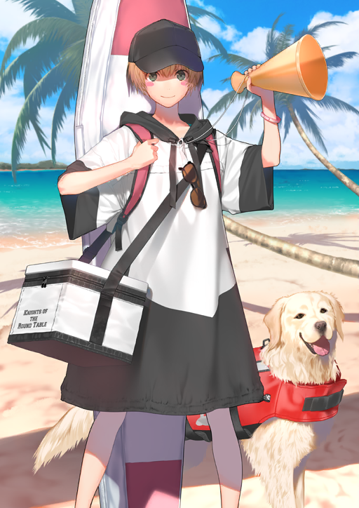 1girl, aned_(fate), animal, arm_up, backpack, bag, baseball_cap, beach