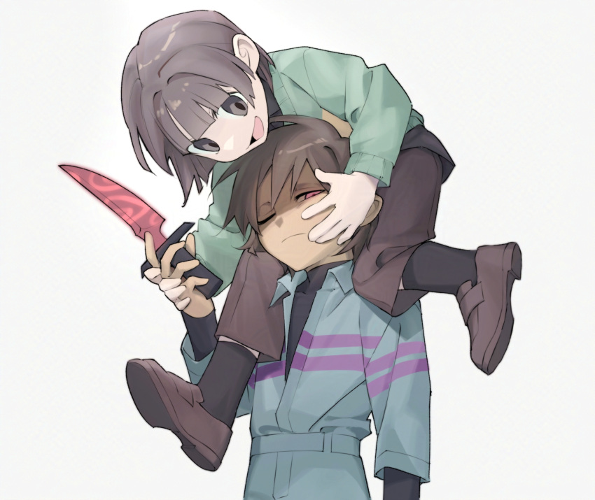 2others, :d, androgynous, black_eyes, black_socks, blue_shirt, blunt_bangs, brown_hair