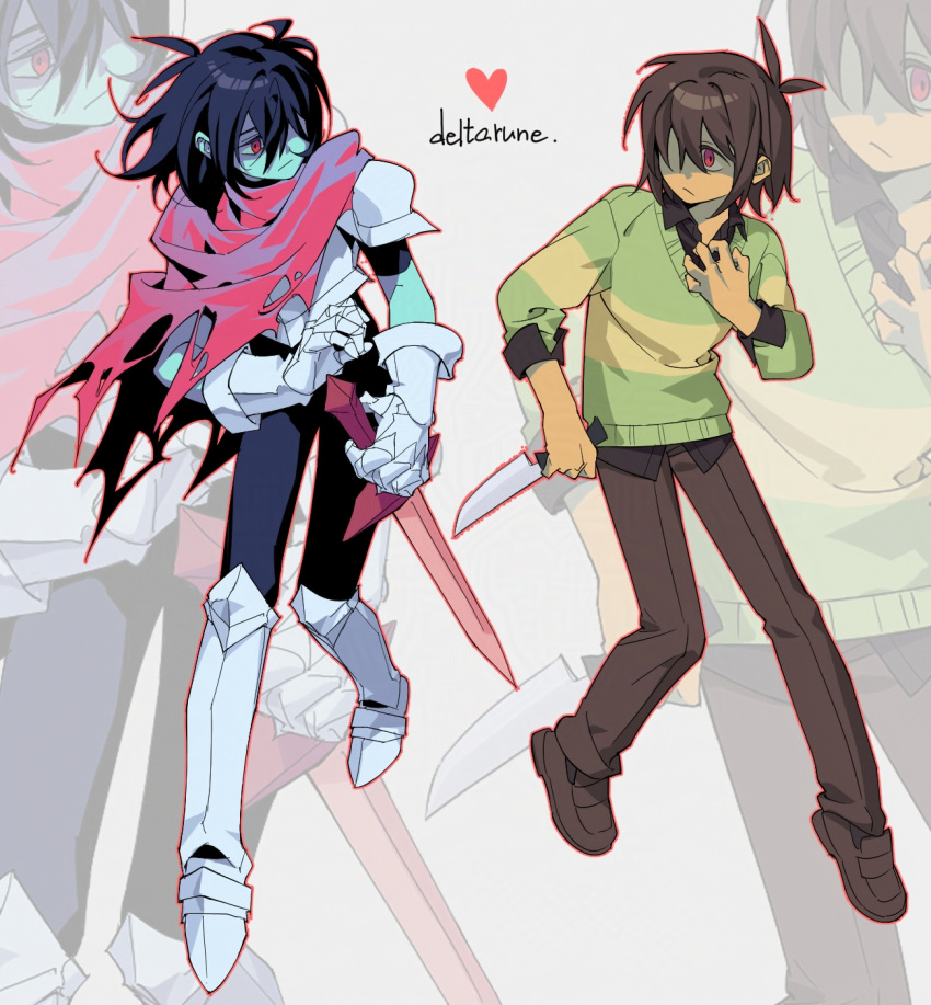 2others, androgynous, antenna_hair, armor, blue_hair, blue_skin, breastplate, brown_pants, brown_shoes, cape, colored_skin, copyright_name, deltarune, dual_persona, eye_contact, full_body, gauntlets, greaves, green_sweater, grey_background, hair_over_one_eye, heart, highres, holding, holding_knife, knife, kris_(dark_world)_(deltarune), kris_(deltarune), looking_at_another, multiple_others, one_eye_covered, other_focus, pants, pauldrons, pink_cape, red_eyes, sanbel780308, shoes, shoulder_armor, soul_(deltarune), sweater, zoom_layer