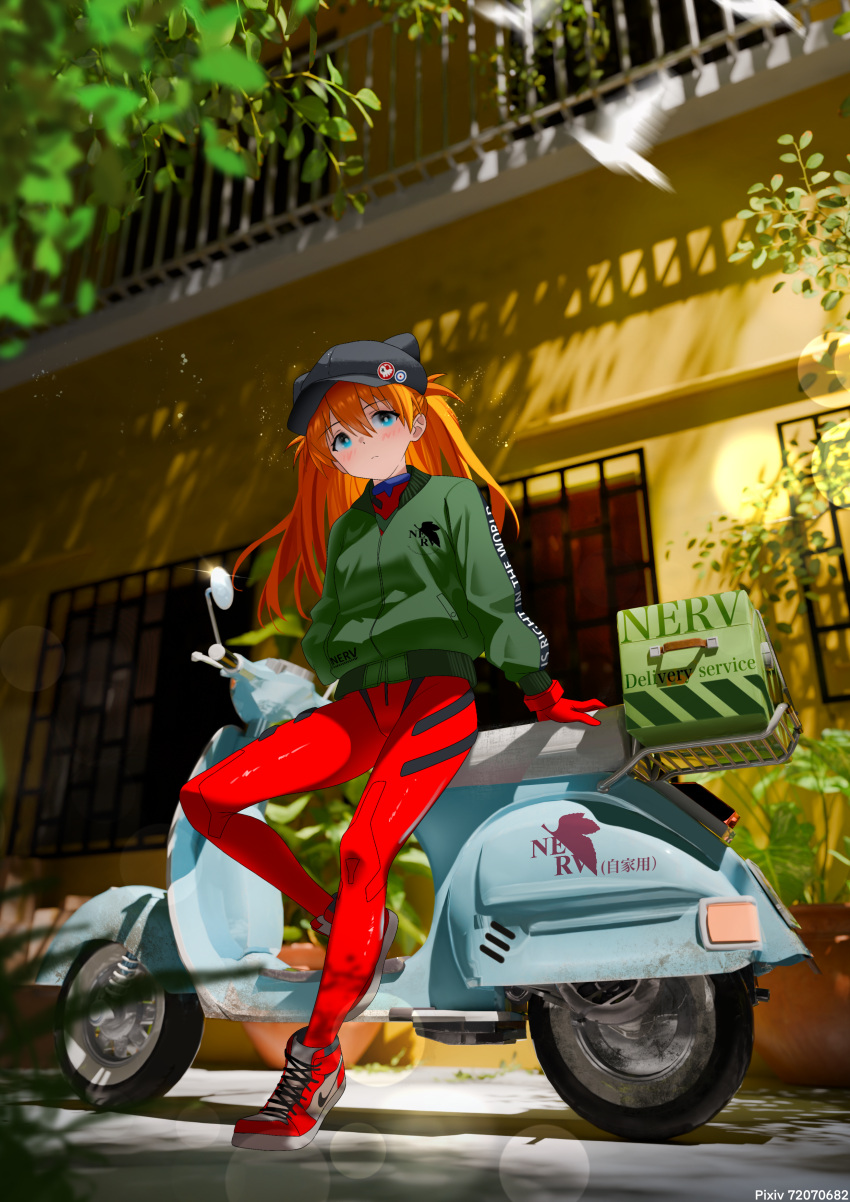 1girl, absurdres, aqua_eyes, black_hat, bodysuit, botttomtext, closed_mouth, delivery