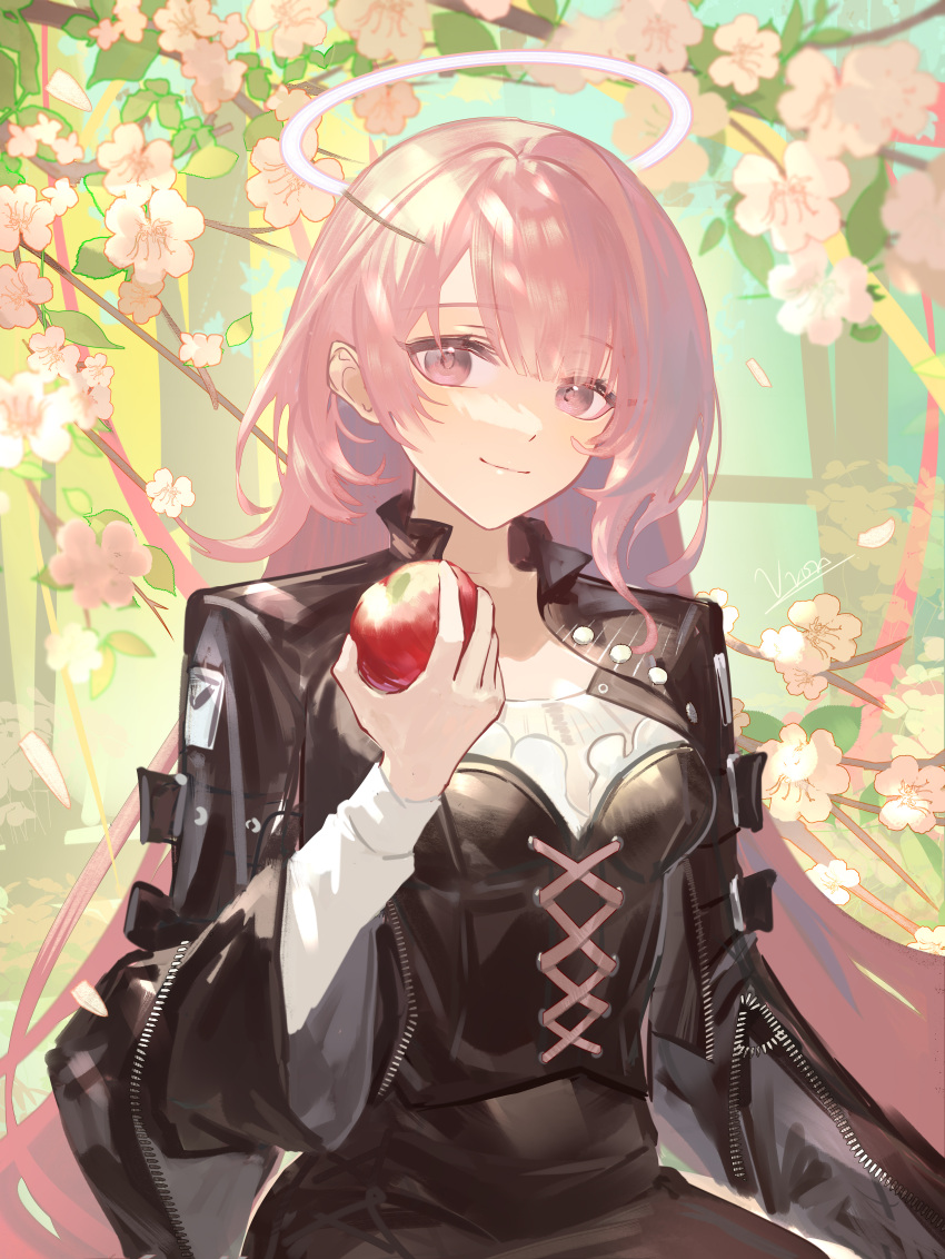 1girl, absurdres, apple, arknights, black_bustier, black_jacket, closed_mouth, food
