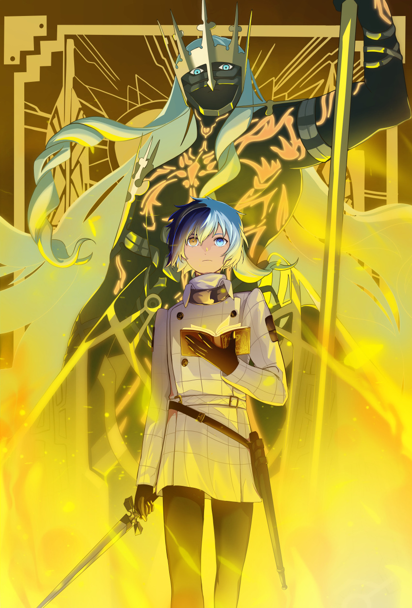 1boy, absurdres, aqua_eyes, aqua_hair, black_gloves, black_pants, blue_hair, book, closed_mouth, commentary, dark-skinned_male, dark_skin, english_commentary, gloves, heterochromia, highres, holding, holding_book, holding_polearm, holding_sword, holding_weapon, hoshizukiii, jacket, long_sleeves, looking_at_viewer, male_focus, metaphor:_refantazio, multicolored_hair, open_book, pants, polearm, prince_(archetype), protagonist_(metaphor:_refantazio), spoilers, sword, two-tone_hair, weapon, white_jacket, yellow_eyes