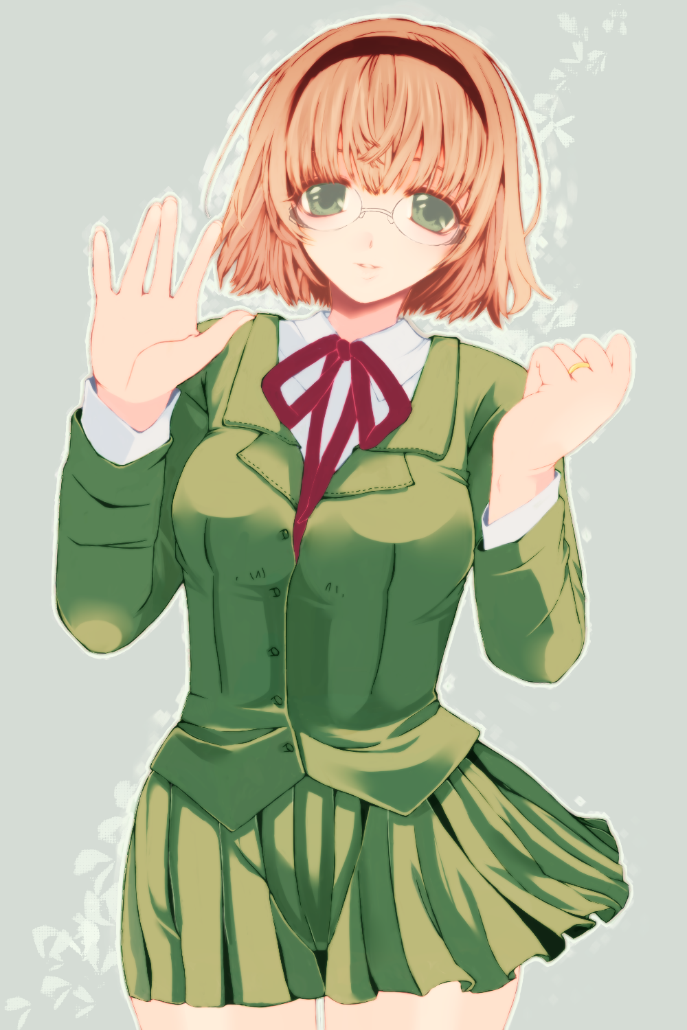 1girl, blonde_hair, blunt_bangs, bow, bowtie, commentary_request, draw2_(milkcrown), glasses, green_eyes, green_shirt, green_skirt, grey_background, hairband, highres, hououji_fuu, jewelry, magic_knight_rayearth, parted_lips, pleated_skirt, rimless_eyewear, ring, school_uniform, shirt, short_hair, simple_background, skirt, solo