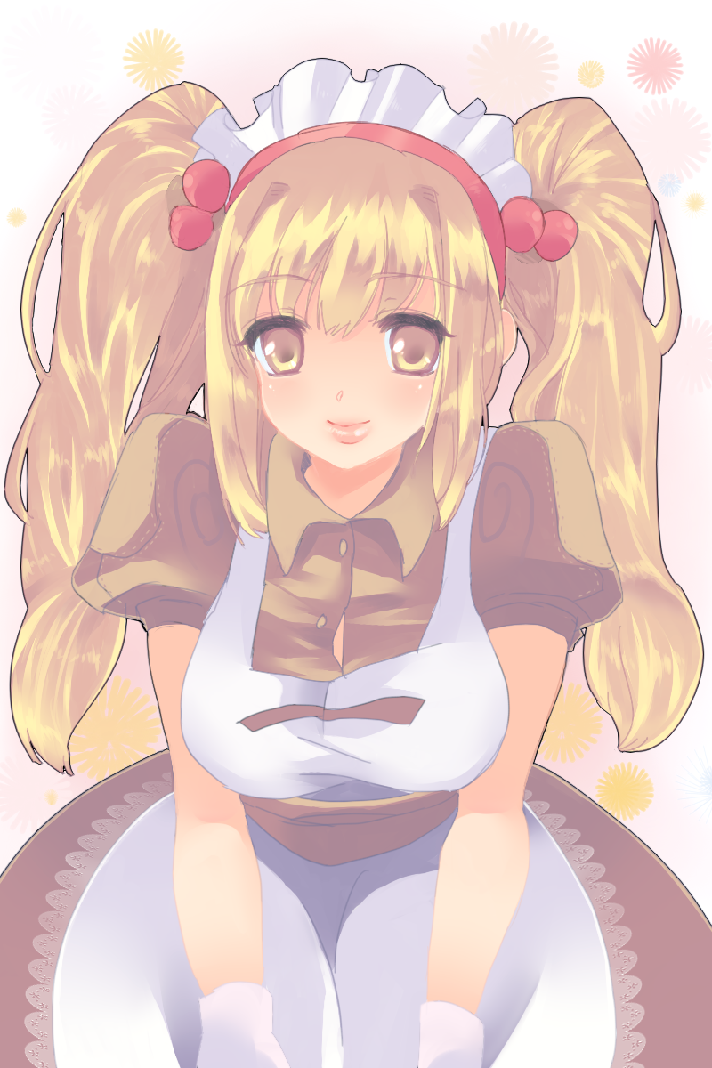 1girl, apron, blush, breasts, brown_dress, brown_sash, closed_mouth, collared_dress