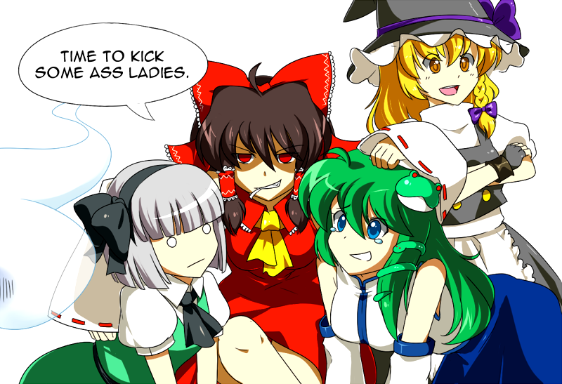 artrica, blonde_hair, detached_sleeves, green_hair, hakurei_reimu, hat, katana, kirisame_marisa, kochiya_sanae, konpaku_youmu, konpaku_youmu_(ghost), long_hair, miko, multiple_girls, short_hair, silver_hair, sword, ten_desires, touhou, weapon, witch, witch_hat, yellow_eyes