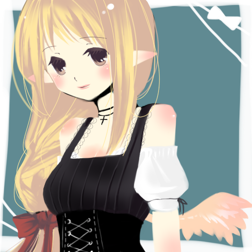 1girl, black_corset, black_dress, blonde_hair, blue_background, blush, bow, breasts