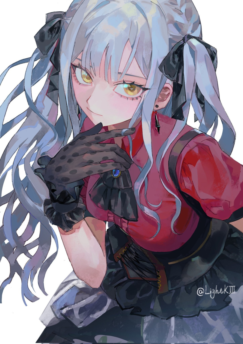 1girl, ascot, bang_dream!, bang_dream!_it's_mygo!!!!!, black_ascot, black_corset, black_gloves, black_ribbon, blue_brooch, blue_hair, center-flap_bangs, closed_mouth, collared_shirt, corrupted_twitter_file, corset, cross-laced_clothes, cross-laced_corset, earrings, frilled_skirt, frilled_wrist_cuffs, frills, gloves, hair_ribbon, hand_up, hashtag-only_commentary, highres, jewelry, kinayone, layered_skirt, long_sidelocks, looking_at_viewer, oblivionis_(bang_dream!), playing_with_own_hair, red_shirt, ribbon, shirt, short_sleeves, shoulder_strap, sidelocks, simple_background, skirt, solo, three_quarter_view, togawa_sakiko, twirling_hair, twitter_username, two_side_up, white_background, wrist_cuffs, yellow_eyes