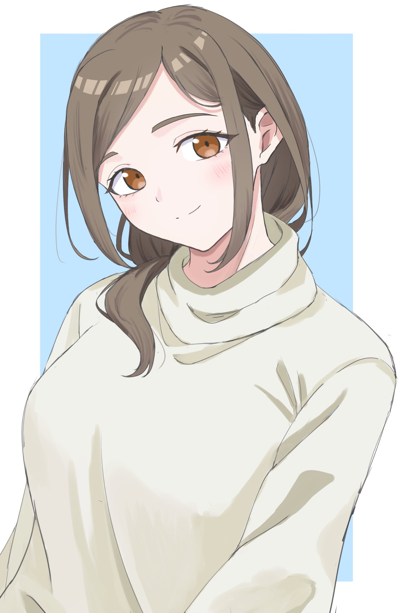 1girl, blue_background, brown_eyes, brown_hair, brown_sweater, commentary_request, highres, kawamoto_misato