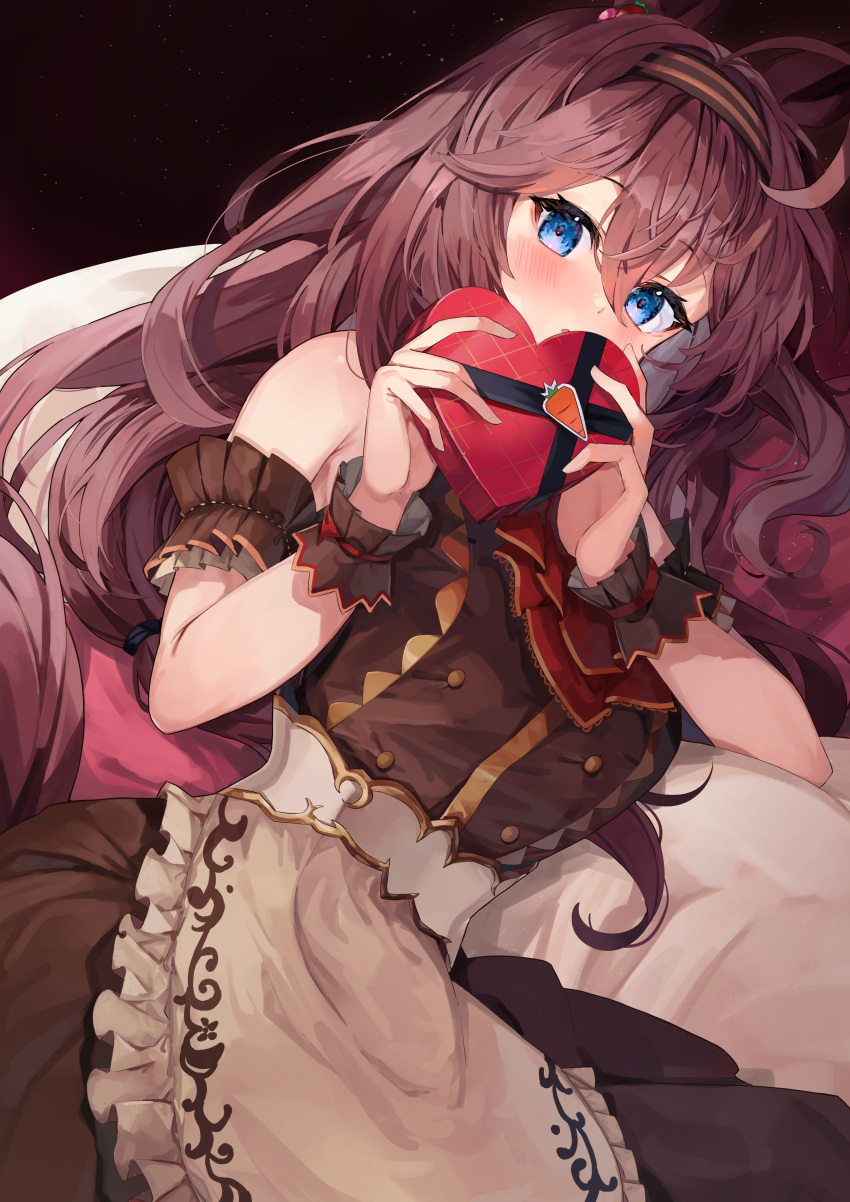 1girl, :o, absurdres, ahoge, animal_ears, apron, arm_garter, ascot, bare_shoulders, bilingual_commentary, blue_eyes, blush, box, breasts, brown_hair, brown_hairband, buttons, covered_mouth, cowboy_shot, dark_background, double-breasted, double-parted_bangs, dress, ear_ornament, embarrassed, frilled_apron, frills, gift, hair_between_eyes, hairband, heart-shaped_box, highres, holding, holding_gift, horse_ears, horse_girl, horse_tail, kuroshiro_kanae, large_breasts, long_hair, looking_at_viewer, low-tied_long_hair, low_twintails, mihono_bourbon_(code:glassage)_(umamusume), mihono_bourbon_(umamusume), mixed-language_commentary, narrow_waist, official_alternate_costume, official_alternate_hairstyle, parted_lips, red_ascot, sleeveless, sleeveless_dress, solo, tail, twintails, umamusume, underbust, valentine, waist_apron, wide_hips, wrist_cuffs