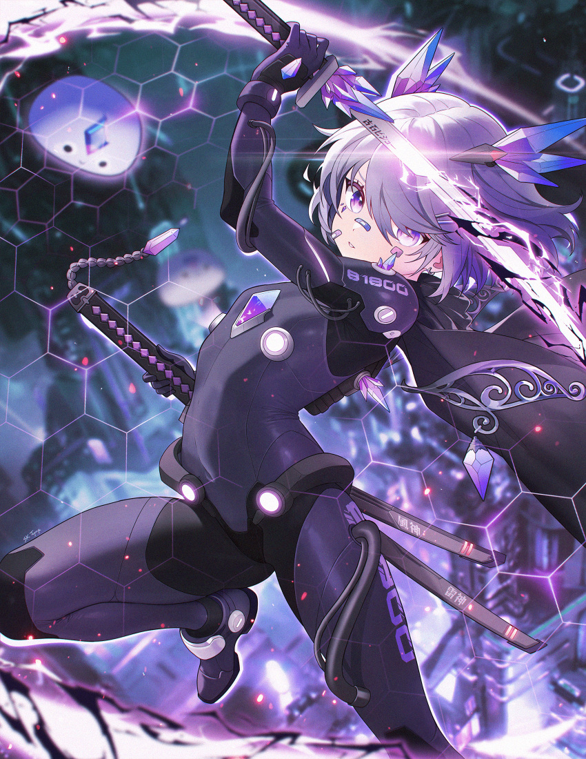 1girl, alternate_costume, arm_up, bandaid, bandaid_on_face, bandaid_on_nose, black_bodysuit, black_cape, blurry, blurry_background, bodysuit, cape, chest_jewel, cityscape, commentary, earrings, english_commentary, flat_chest, gem, hair_ornament, hairclip, hand_jewel, headgear, highres, holding, holding_sword, holding_weapon, hololive, hololive_english, jewel_under_eye, jewelry, katana, koseki_bijou, official_alternate_hair_length, official_alternate_hairstyle, parted_lips, pebble_(koseki_bijou), purple_gemstone, purple_hair, sheath, sheathed, short_hair, sk_jynx, solo, swept_bangs, sword, tomato_(sword), violet_eyes, virtual_youtuber, weapon
