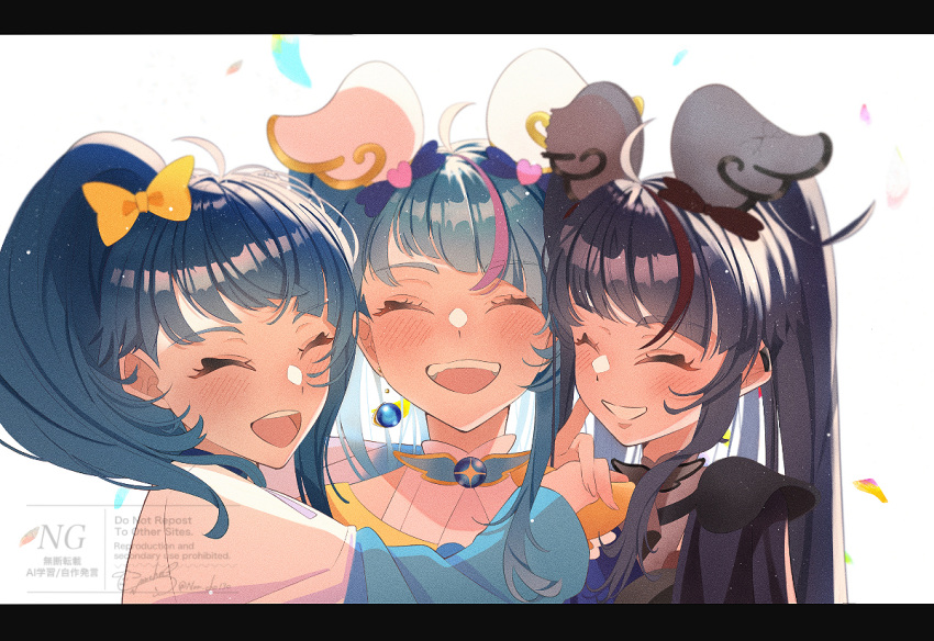 3girls, aqua_hair, black_hair, black_sky_(precure), blue_hair, closed_eyes, cure_sky, grin