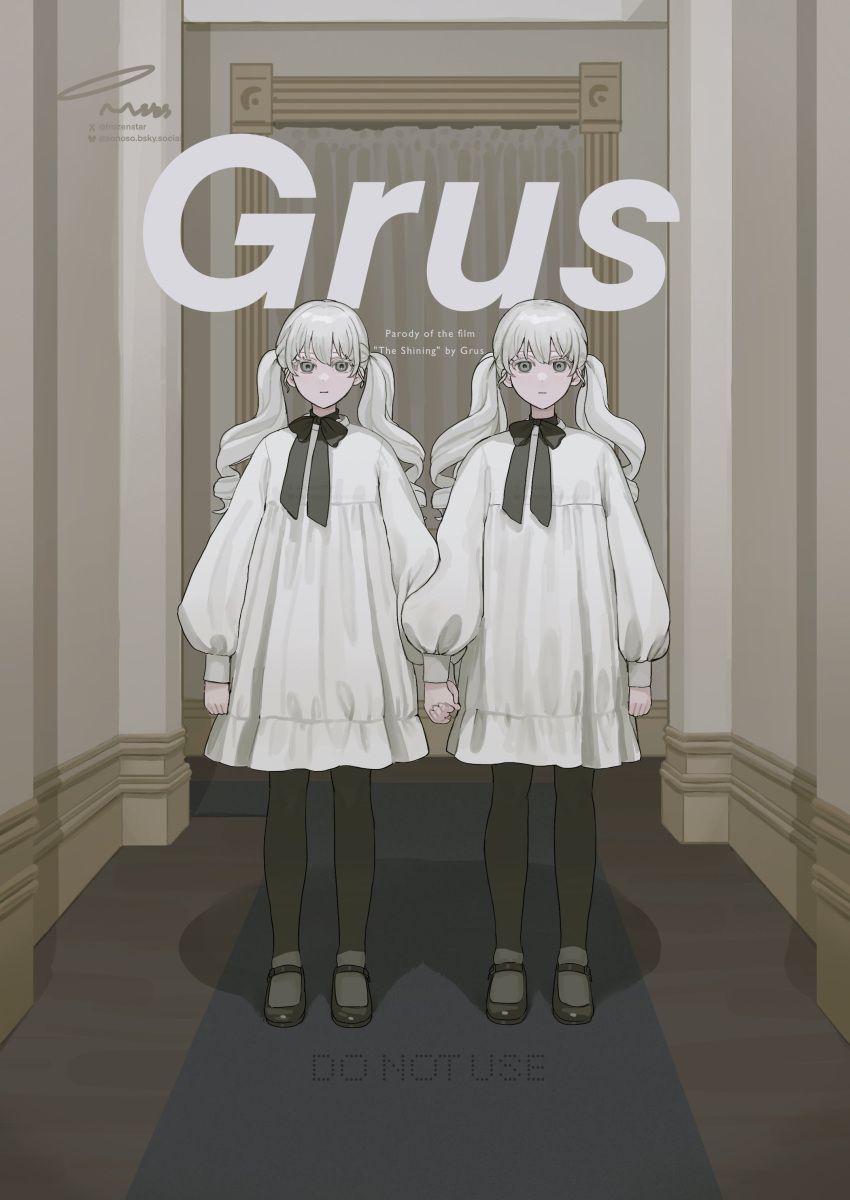 2girls, absurdres, black_pantyhose, black_ribbon, black_shoes, bow, closed_mouth, cosplay