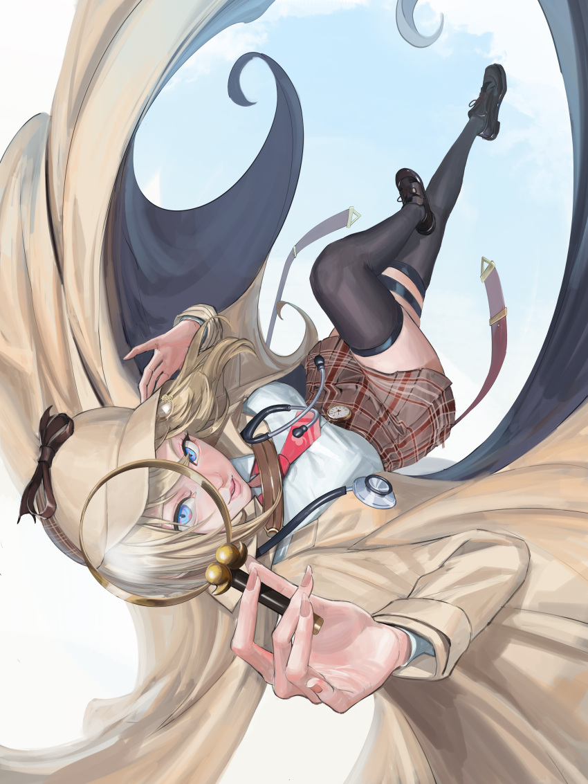 1girl, absurdres, black_shoes, black_thighhighs, blonde_hair, blue_eyes, breasts, coat