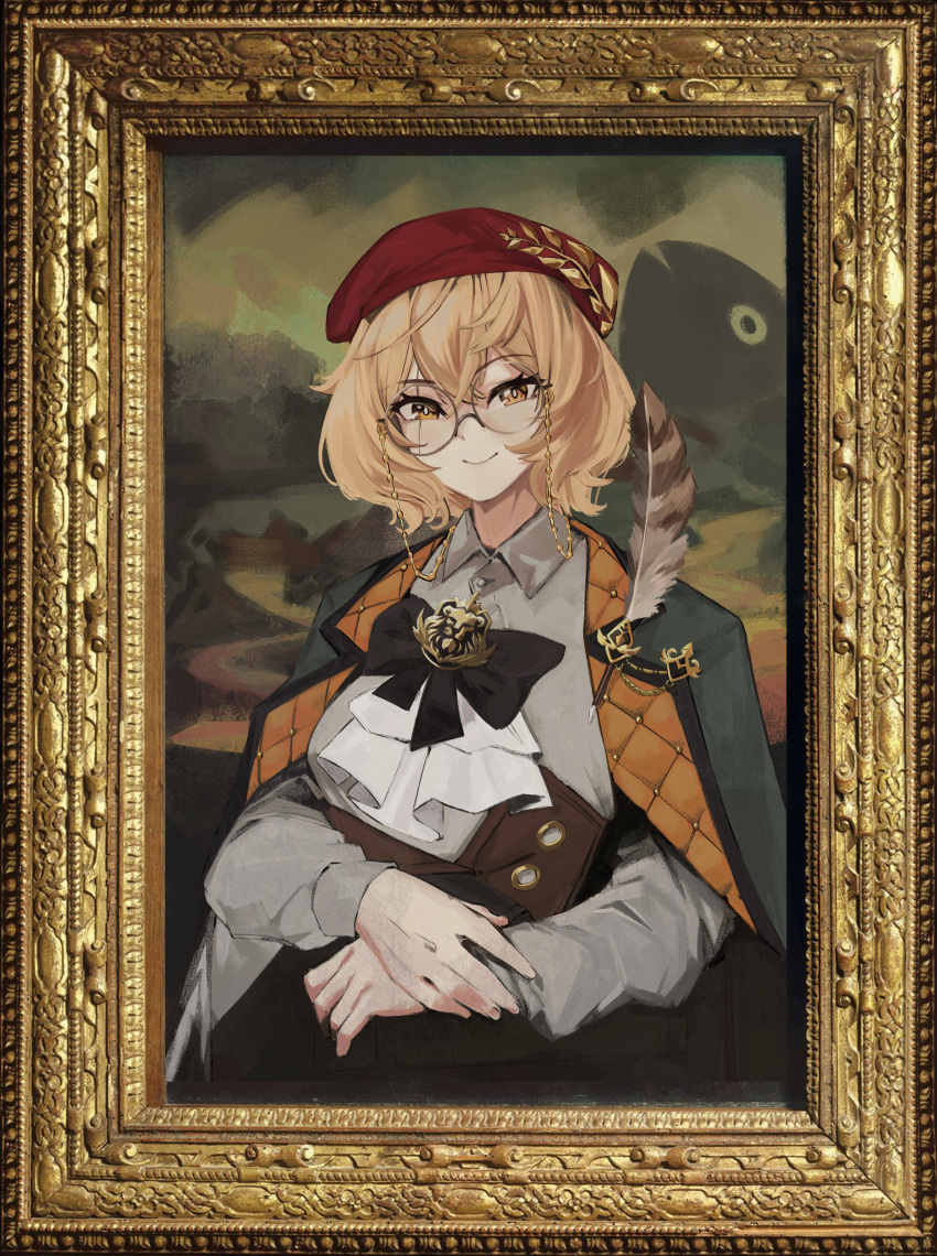 1girl, absurdres, ascot, beanie, black_bow, black_bowtie, blonde_hair, bow