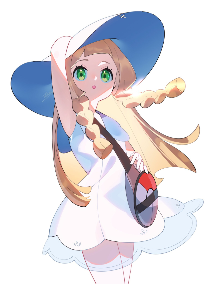 :o, arm_up, armpits, bag, blonde_hair, braid, cowboy_shot, dress
