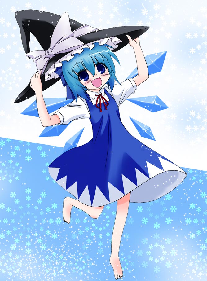 barefoot, blue_eyes, hat, hat_ribbon, open_mouth, ribbon, snow, snowflakes