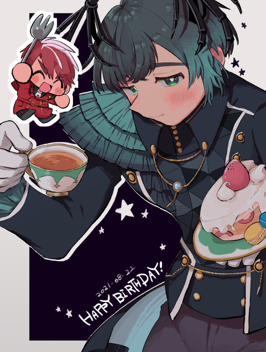 2boys, :d, ^_^, aqua_hair, barbatos_(obey_me!), black_shirt, blush, border