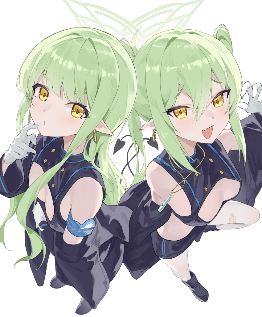 2girls, absurdres, bare_shoulders, blazer, blue_archive, boots, breasts, cleavage_cutout