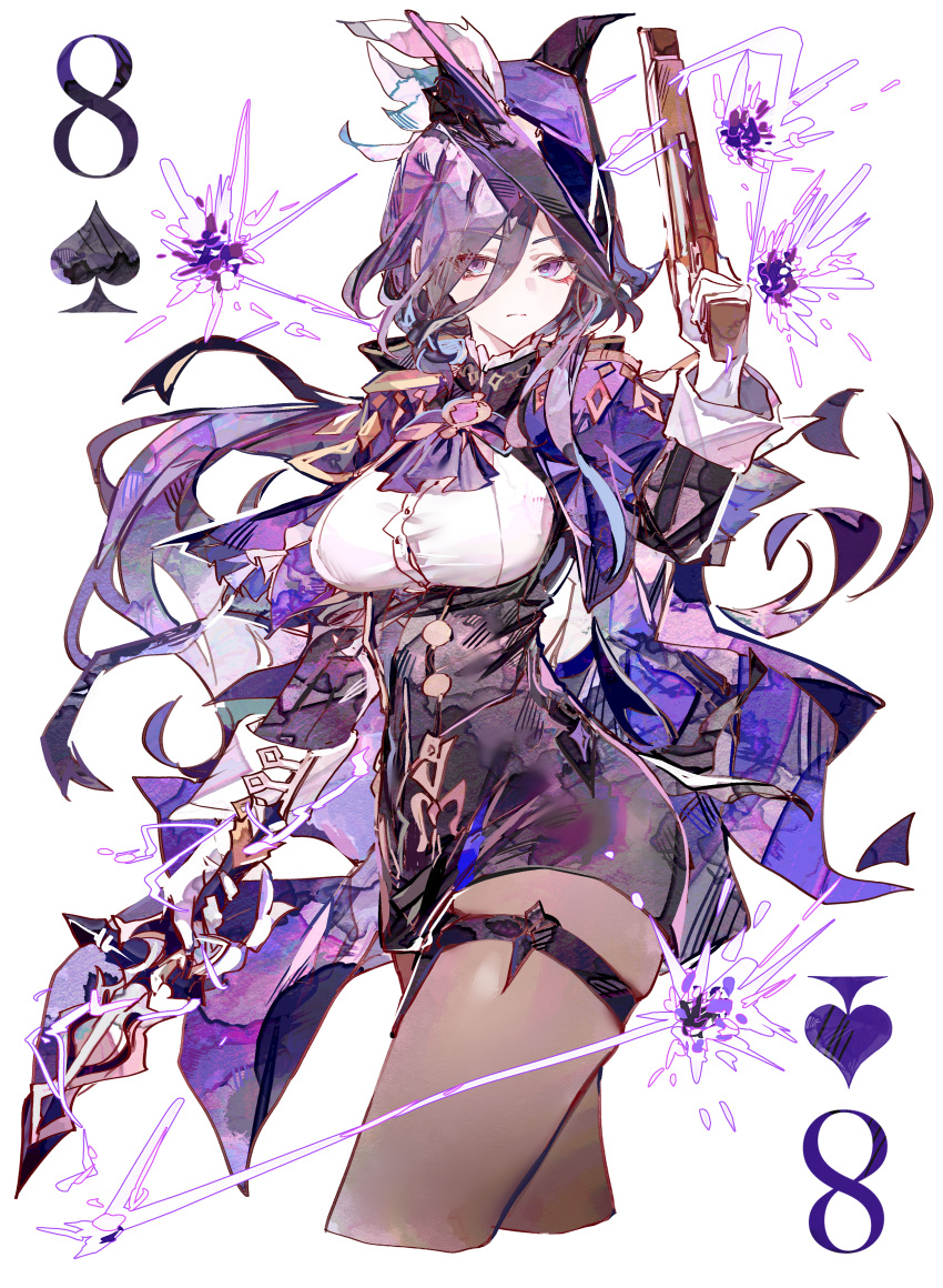 1girl, absurdres, blue_hat, breasts, brown_pantyhose, card, clorinde_(genshin_impact), closed_mouth, cocoballking, eight_of_spades, fold-over_gloves, genshin_impact, gloves, gun, hair_between_eyes, hat, hat_feather, highres, holding, holding_gun, holding_weapon, long_hair, long_hair_between_eyes, long_sleeves, looking_at_viewer, pantyhose, pencil_skirt, playing_card, purple_hair, simple_background, skirt, solo, weapon, white_background, white_gloves