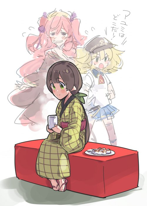 3girls, =_=, ayumi_(princess_connect!), blonde_hair, blue_skirt, brown_hair, closed_eyes, commentary_request, cup, dango, flip-flops, food, full_body, green_eyes, holding, holding_cup, ito_ryo, japanese_clothes, kimono, kuka_(oedo)_(princess_connect!), kuka_(princess_connect!), long_hair, long_sleeves, low_twintails, miniskirt, monika_weisswind, multiple_girls, pink_sandals, pleated_skirt, princess_connect!, sandals, shirt, sitting, skirt, solo_focus, standing, twintails, wagashi, white_shirt, yellow_kimono, yukata, yunomi