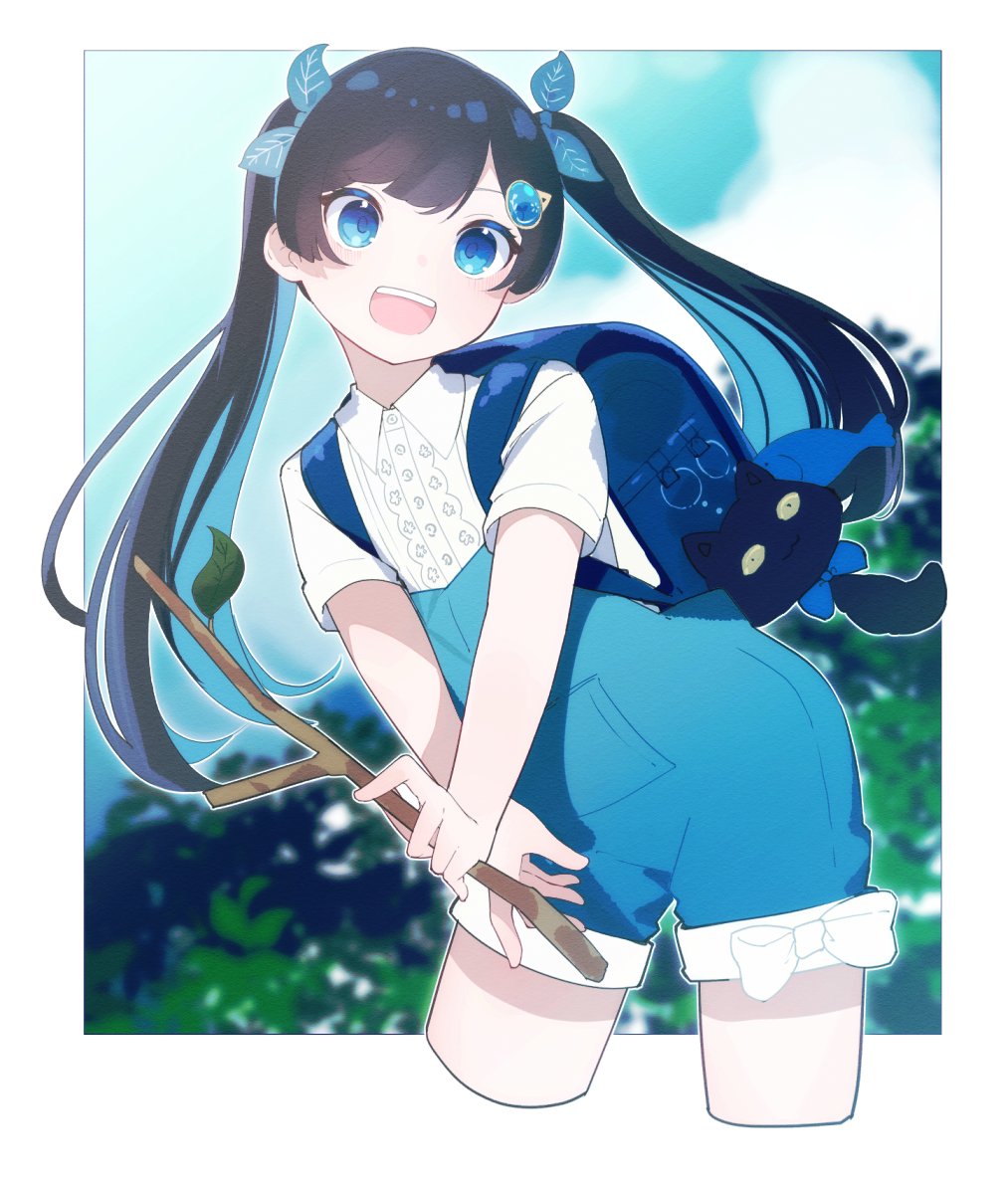 1girl, aged_down, animal_charm, backpack, bag, bag_charm, black_hair, blue_bag