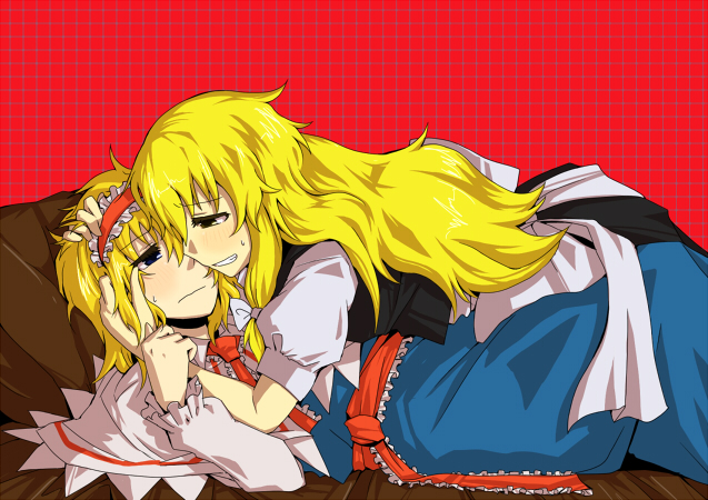 2girls, alice_margatroid, blonde_hair, blue_hair, brown_hair, kirisame_marisa, long_hair, multiple_girls