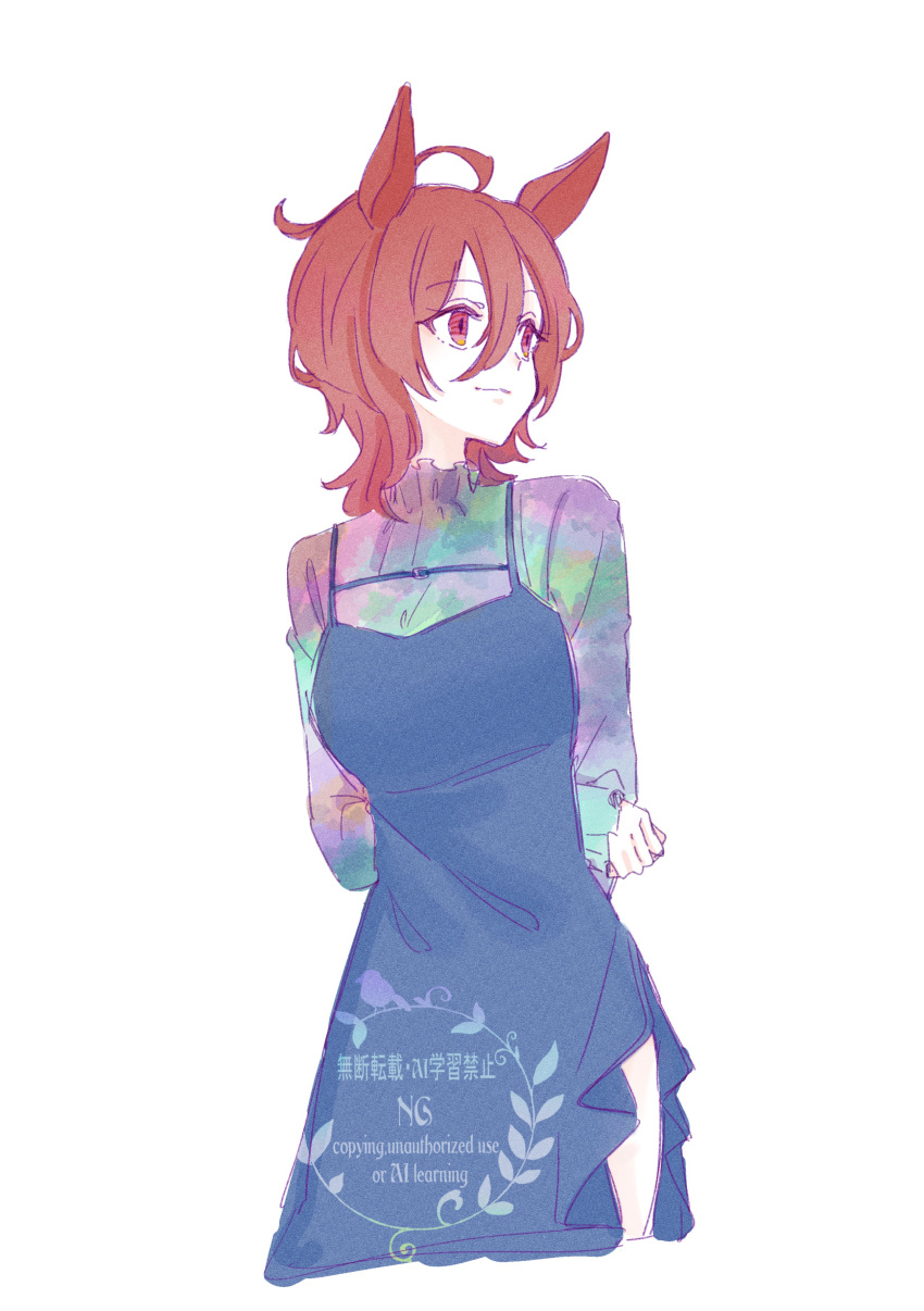 1girl, absurdres, agnes_tachyon_(umamusume), ahoge, animal_ears, arm_behind_back, blue_dress, brown_hair, cropped_legs, dress, hair_between_eyes, highres, horse_ears, looking_to_the_side, red_eyes, seila_rei, shirt, simple_background, sleeveless, sleeveless_dress, solo, umamusume, watermark, white_background