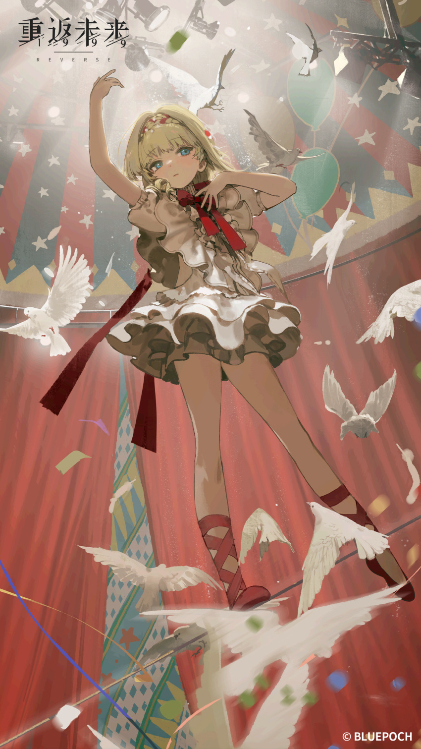 1girl, absurdres, arm_up, balancing, ballet_slippers, bird, blonde_hair, blue_eyes
