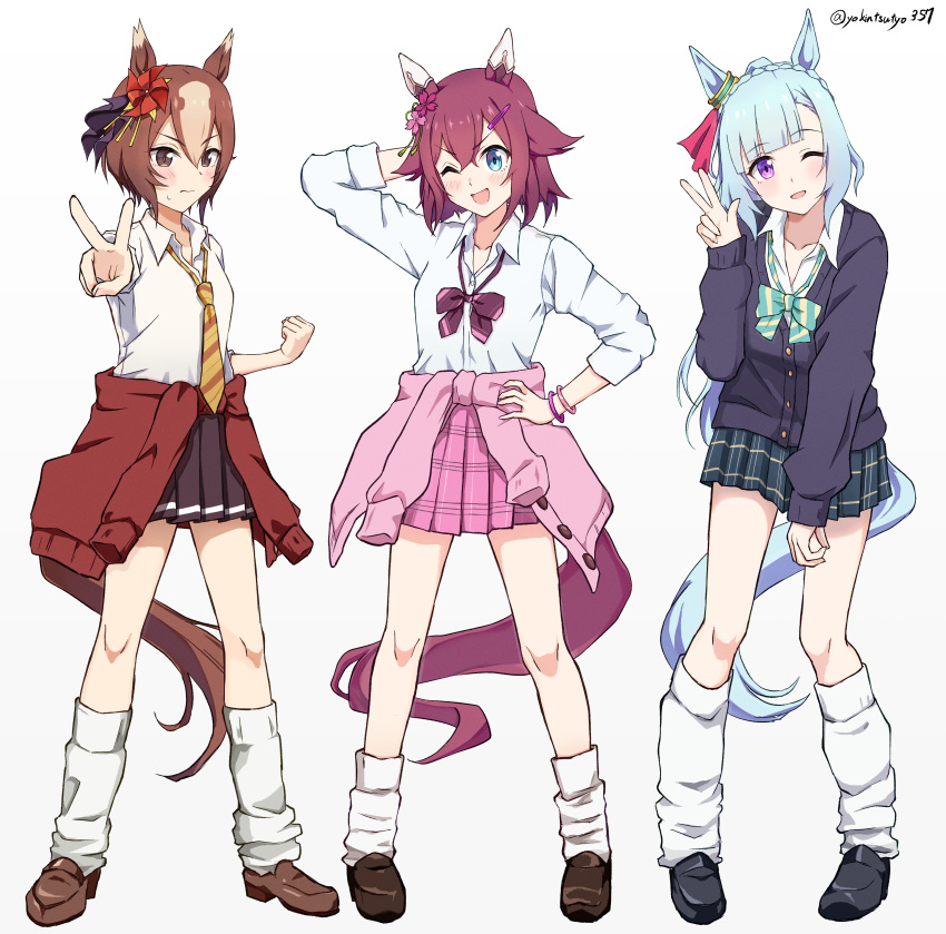 3girls, ;d, absurdres, animal_ears, arm_behind_head, arm_up, black_cardigan, black_shoes