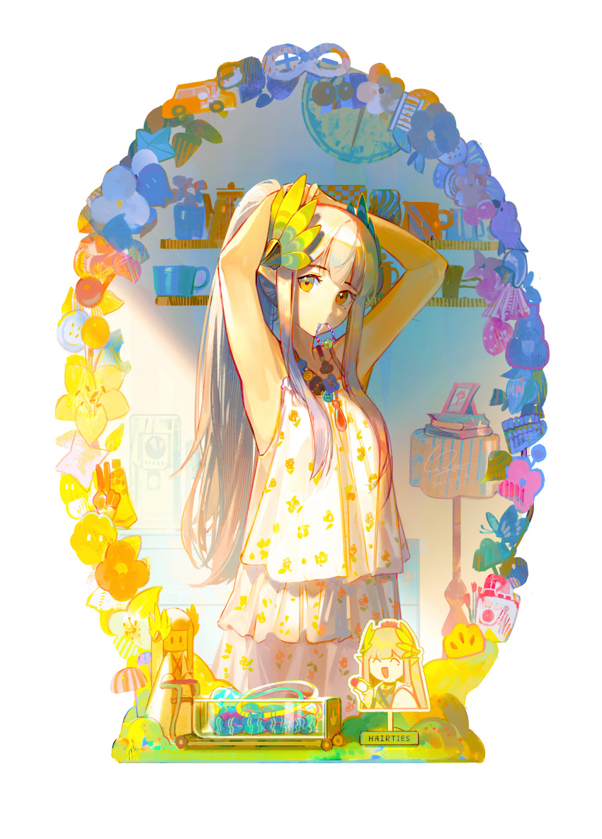 1girl, absurdres, alternate_costume, arknights, arms_up, dress, floral_print, grey_hair