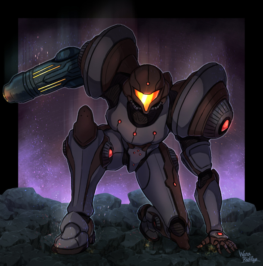 1girl, arm_cannon, armor, dark_suit_(metroid), kneeling, metroid, metroid_prime_2:_echoes, orange_visor, power_suit, power_suit_(metroid), samus_aran, science_fiction, shoulder_armor, signature, solo, visor_(armor), wakaba_(wata_ridley), weapon