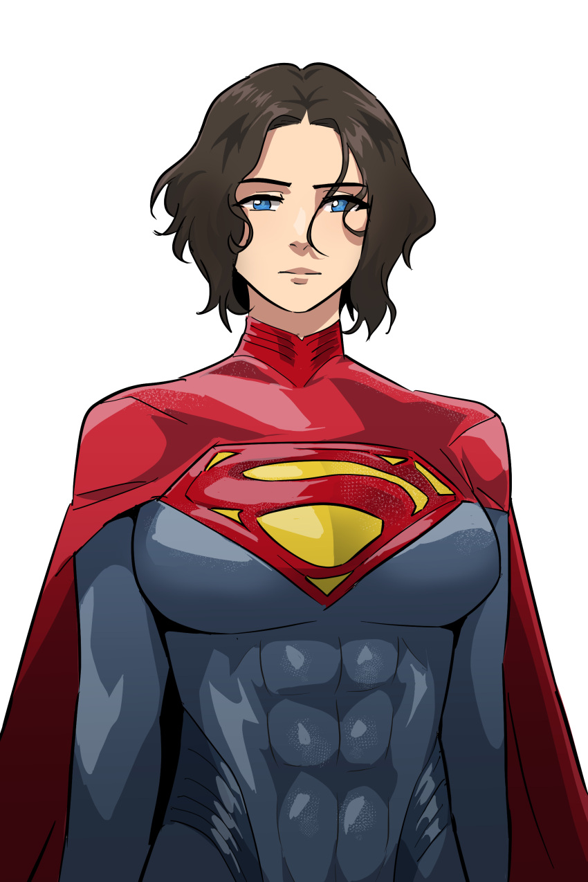 1girl, abs, absurdres, black_hair, blue_bodysuit, blue_eyes, bodysuit, breasts, cape, closed_mouth, commentary, covered_abs, dc_comics, dc_extended_universe, english_commentary, ernez_(jerukperaz), highres, large_breasts, red_cape, short_hair, simple_background, solo, supergirl, superman_(series), the_flash_(movie), upper_body, white_background