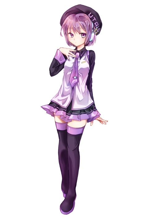 beret, hat, headphones, necktie, purple_eyes, purple_hair, short_hair, simple_background, skirt, solo, thigh-highs, thighhighs, tsukasa_kinako, utane_uta, utau, violet_eyes, zettai_ryouiki