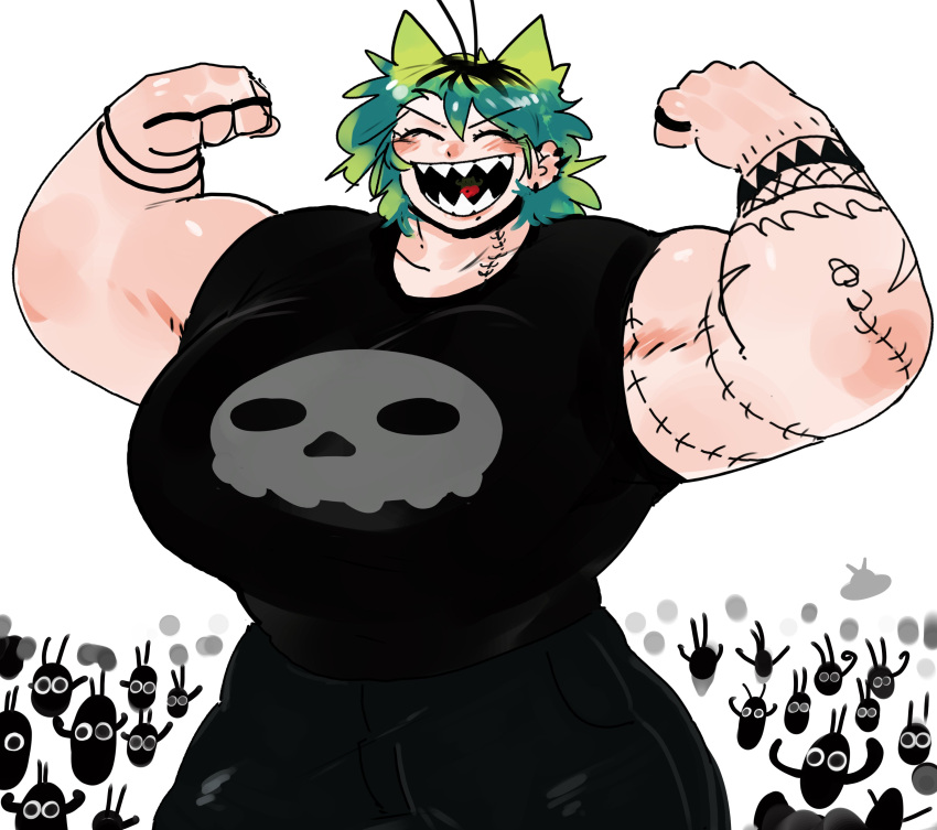 1girl, absurdres, antennae, arm_tattoo, black_hair, black_pants, black_shirt, breasts, destorys, double_biceps_pose, ear_piercing, earrings, flexing, gigantic_breasts, green_hair, highres, jewelry, medium_hair, multicolored_hair, muscular, muscular_female, open_mouth, original, pants, piercing, roots_(hair), sharp_teeth, shirt, smile, solo, tattoo, teeth, two-tone_hair