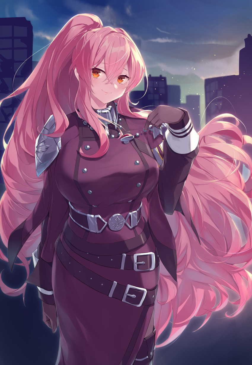 1girl, absurdres, armor, belt, black_gloves, breasts, building, dress