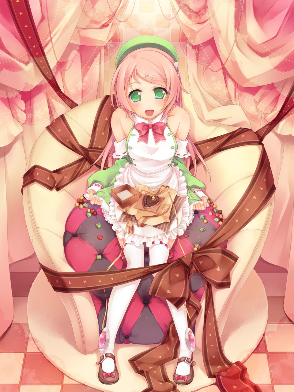 beret, blush, bow, candy, chocolate, detached_sleeves, frills, green_eyes