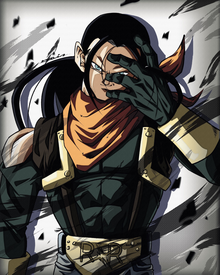 absurdres, bandana, black_hair, blue_eyes, dragon_ball, dragon_ball_gt, earrings, gloves
