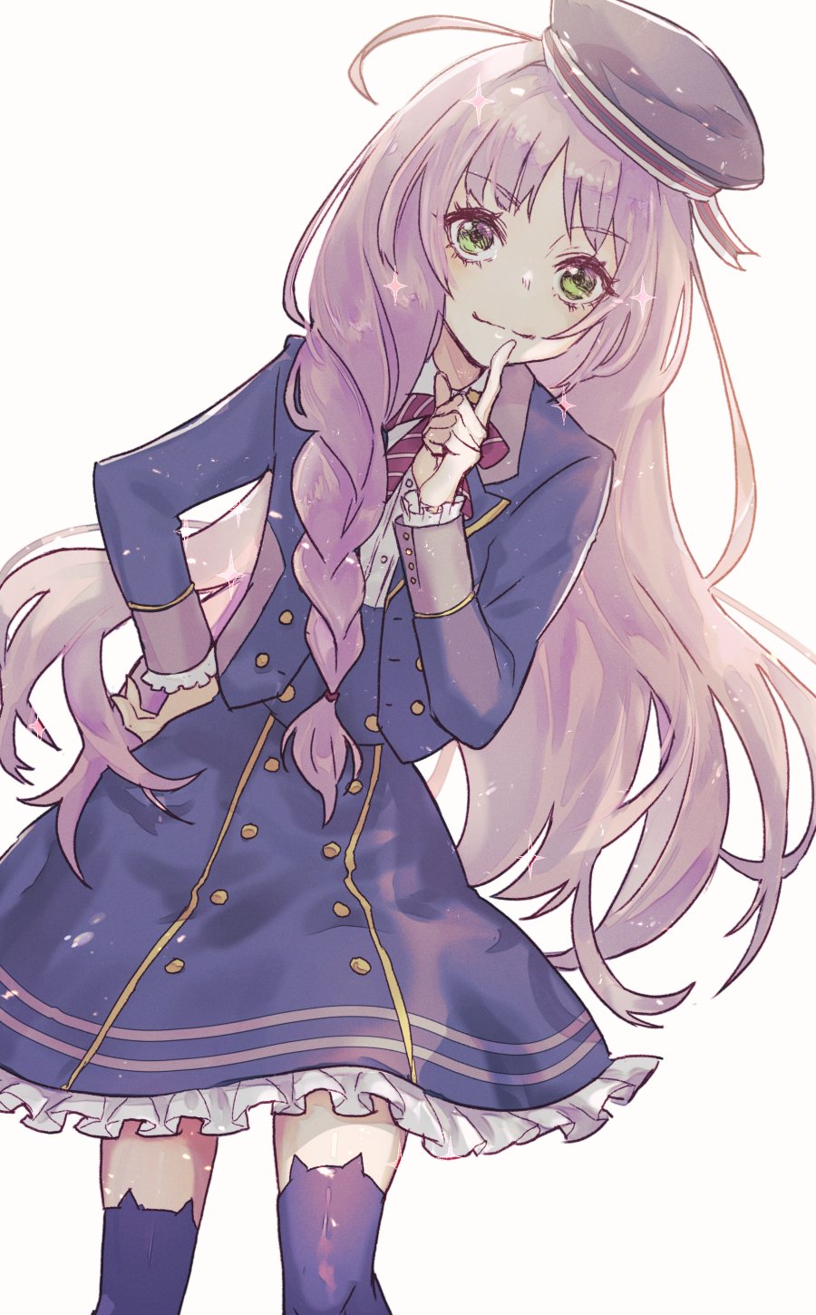 >:), 1boy, animal_ear_legwear, beret, black_hat, blue_jacket, blue_skirt, blue_thighhighs
