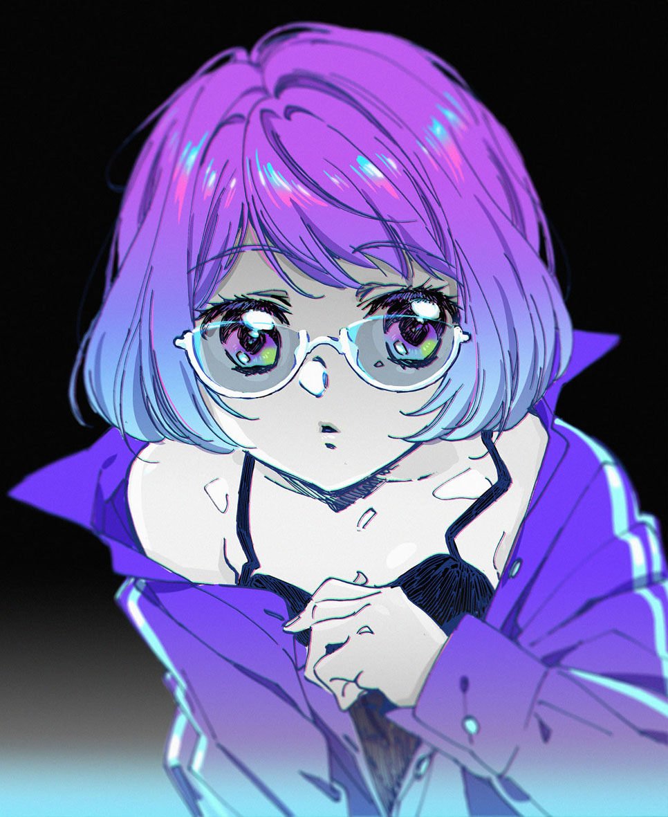 aikatsu!_(series), aikatsu_stars!, bare_shoulders, black_camisole, blue_background, blue_hair, camisole, dark, gradient_background, gradient_hair, hand_up, jacket, kayo, leaning_forward, looking_at_viewer, medium_hair, multicolored_hair, nanakura_koharu, open_clothes, open_jacket, parted_lips, purple_hair, purple_jacket, semi-rimless_eyewear, two-tone_hair, unbuttoned, under-rim_eyewear, upper_body, violet_eyes, white-framed_eyewear
