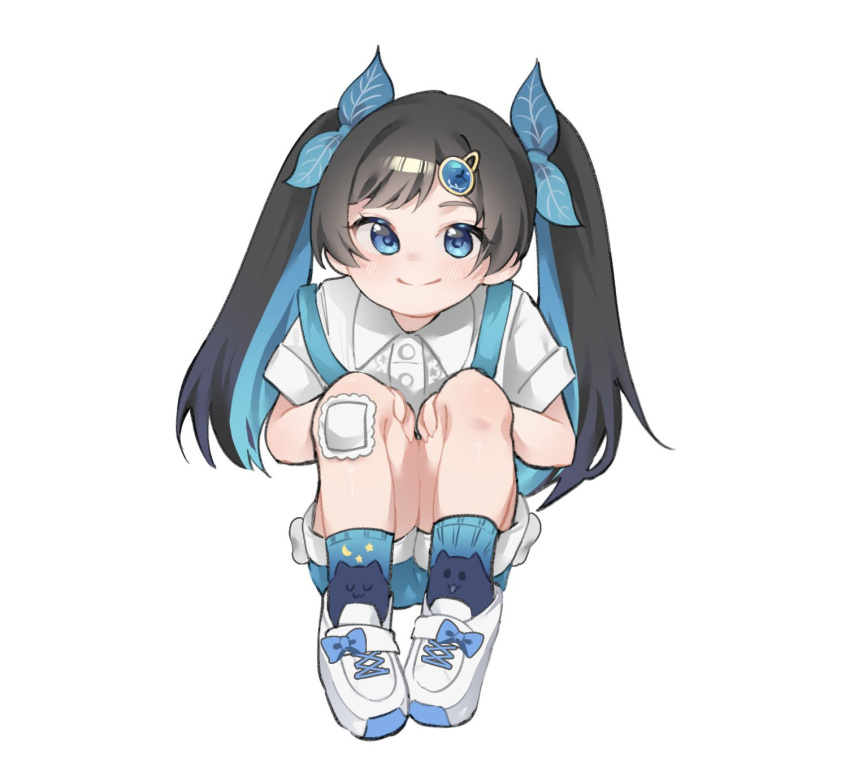1girl, aged_down, animal_print, bandaid, bandaid_on_knee, bandaid_on_leg, black_hair, blue_bow