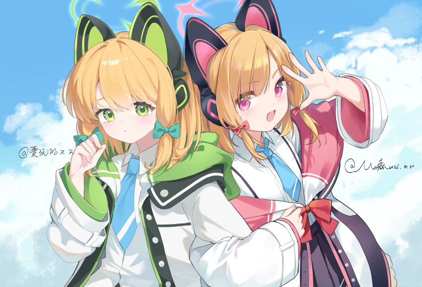 2025, 2girls, :d, absurdres, ai_wan_de_you_you, animal_ear_headphones, animal_ears, artist_collaboration