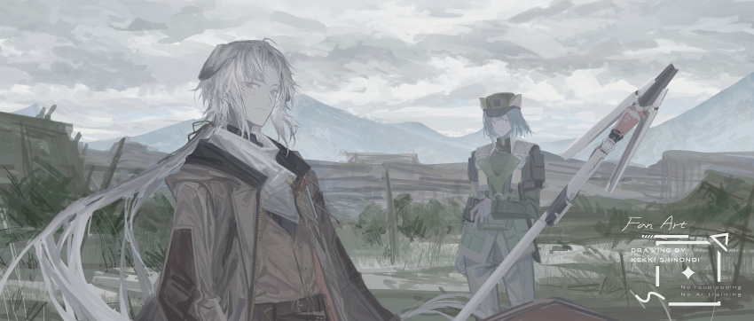 1boy, 1girl, absurdres, animal_ears, arknights, arm_pouch, belt_pouch, black_shirt