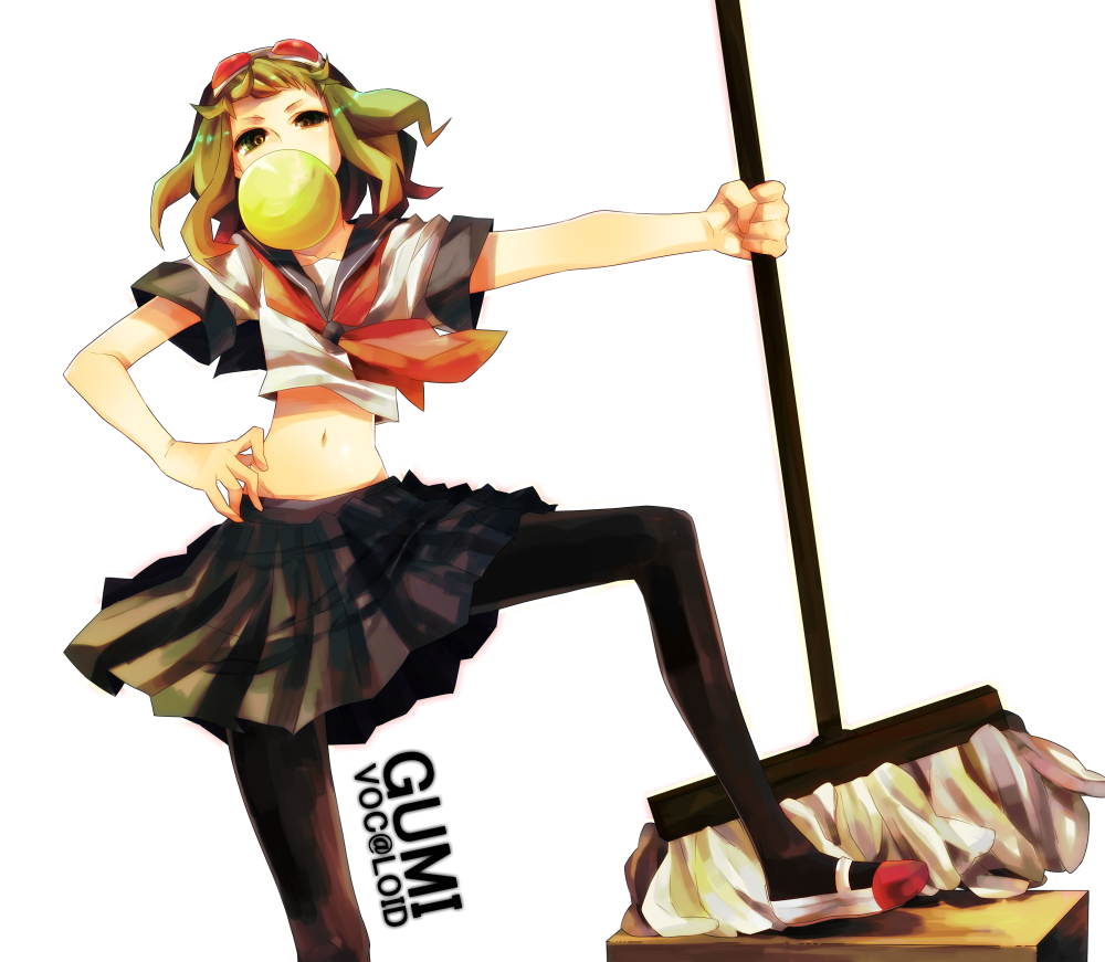 bubblegum, goggles, goggles_on_head, green_eyes, green_hair, gumi, haru_(oomr005), navel
